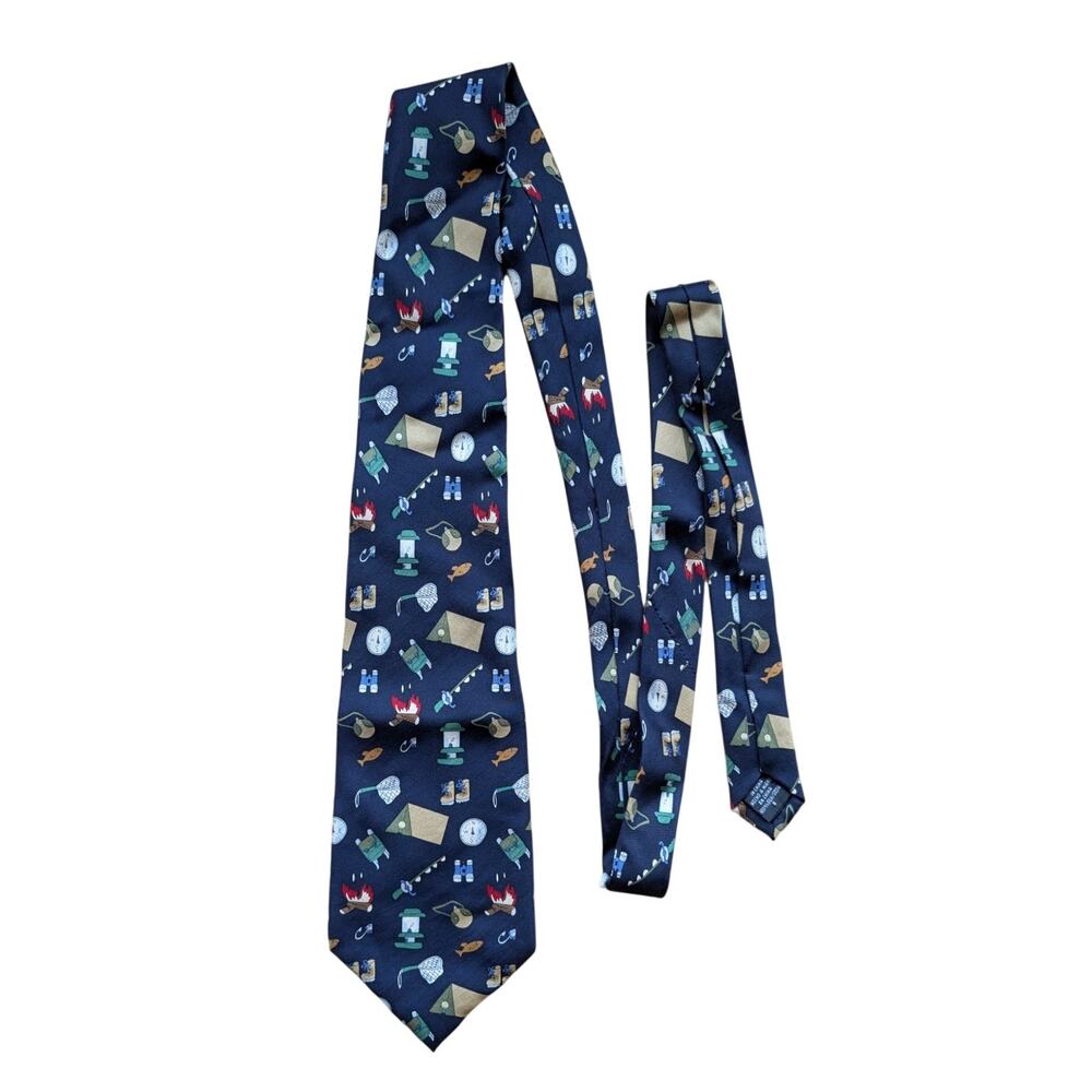 Vintage Collector Save the Children Silk Tie "Camping Out" camping outdoor fish